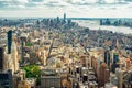 New York City Skyline Aerial View. Hudson River and East River, Ocean and Cloudy Blue Sky on a Horizon Royalty Free Stock Photo