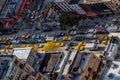 Aerial view of a New York city street with vehicles and taxi cabs stopped in traffic. Royalty Free Stock Photo