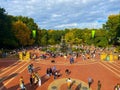 Aerial view of New York City's Central Park, which is crowded with people around the fountain Royalty Free Stock Photo