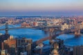 Aerial view from New York Downtown lower Manhattan on Brooklyn skyline over Brooklyn and Manhattan Bridges on East River