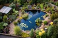 aerial view of a newly dug garden pond with surrounding plants