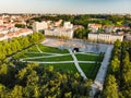 Aerial view of newly renovated Lukiskes square, Vilnius. Sunset landscape of UNESCO-inscribed Old Town of Vilnius, Lithuania