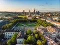 Aerial view of newly renovated Lukiskes square, Vilnius. Sunset landscape of UNESCO-inscribed Old Town of Vilnius, Lithuania