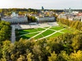 Aerial view of newly renovated Lukiskes square, Vilnius. Sunset landscape of UNESCO-inscribed Old Town of Vilnius, Lithuania