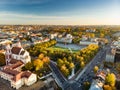 Aerial view of newly renovated Lukiskes square, Vilnius. Sunset landscape of UNESCO-inscribed Old Town of Vilnius, Lithuania