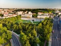 Aerial view of newly renovated Lukiskes square, Vilnius. Sunset landscape of UNESCO-inscribed Old Town of Vilnius, Lithuania