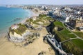 The aerial view of Newquay beach, Cornwall, England, UK