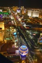 Aerial view at night from Eiffel Tower of Las Vegas Strip and neon lights, Las Vegas, NV
