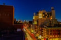 Aerial view Night scene Bowery Street New York city with car lights trails. Royalty Free Stock Photo