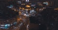 Aerial view of night streets in downtown city