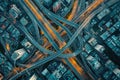 Aerial View of Nighttime Highway Intersection Shows Busy Roadways and City Lights, A maze of city roads and intersections as seen