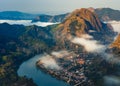 Aerial view of Nong Khiaw village at sunrise, Luang Prabang, Laos Royalty Free Stock Photo