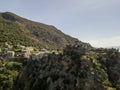 Aerial view of Nonza and tower on a cliff overlooking the sea. Corsica. Coastline. France Royalty Free Stock Photo