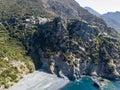 Aerial view of Nonza and tower on a cliff overlooking the sea. Corsica. Coastline. France Royalty Free Stock Photo