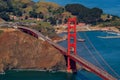 Aerial view of the North tower of Golden Gate Bridge and Marin County, fly over San Francisco, USA Royalty Free Stock Photo