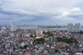 Aerial view of north West lake in Tay Ho district. Hanoi cityscape at twilight