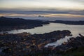 Aerial view of Northern sea and Bergen city at night Royalty Free Stock Photo
