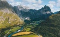 Aerial view Norway landscape Romsdal mountains valley and river travel scenery