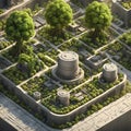 Aerial view of a nuclear power plant with green trees. 3D rendering
