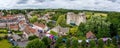 Aerial view of Nunney Castle and Nunney Fayre in Nunney, Somerset, UK