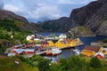 Aerial view of Nusfjord fishing village on Lofoten islands, Norway