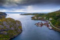 Aerial view of Nusfjord fishing village on Lofoten islands, Norway Royalty Free Stock Photo