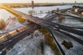 Aerial view of Riga elevated road junction and interchange overpass at winter sunset time Royalty Free Stock Photo