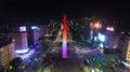 Aerial view of Obelisco de Buenos Aires Obelisk, historic monument, in the Plaza de la Republica at avenues 9 de Julio, Buenos A