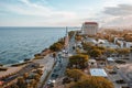 Aerial view of an obelisk during sunset in the Malecon of Santo Domingo, Dominican Republic