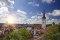 Aerial view on observation deck of Old city roofs and St. Nicholas Church Niguliste . Tallinn. Estonia Royalty Free Stock Photo
