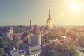 Aerial view on observation deck of Old city roofs and St. Nicholas Church Niguliste . Tallinn. Estonia. Royalty Free Stock Photo