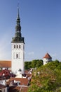 Aerial view on observation deck of Old city roofs and St. Nicholas Church Niguliste . Tallinn. Estonia Royalty Free Stock Photo