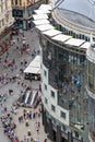 Aerial view from the observation deck of the Sthephansdom Cathedral. View of the Graben street. Vienna, Austria