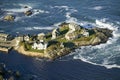 Aerial view of ocean-front homes on Perkins Cove, on coast of Maine south of Portland Royalty Free Stock Photo