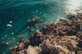 Aerial view of ocean pollution a patch of garbage floating in the vast blue sea Royalty Free Stock Photo