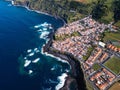 Aerial view of the ocean surf on the reefs coast of San Miguel island, Azores.