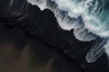 Aerial view of ocean waves breaking on black sand beach in Iceland, Aerial view of waves on the black sand beach, AI Generated Royalty Free Stock Photo