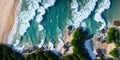 Aerial view of ocean waves at sunset. Beautiful nature background. Aerial view of sea waves crashing on the beach. Top view. Royalty Free Stock Photo