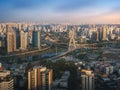 Aerial view of Octavio Frias de Oliveira Bridge Ponte Estaiada over Pinheiros River at sunset - Sao Paulo, Brazil