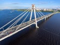 Aerial view of the Octyabrsky Suspension Bridge with traffic on road. Cherepovets, Vologda region, Russia Royalty Free Stock Photo