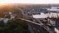 Aerial view of Odesa sea port infrastructure and evening sunset.