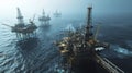 An aerial view of oil drilling platforms with the deafening roar of machinery echoing throughout the ocean