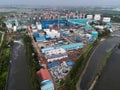 Aerial view of Oil and gas industry - refinery after rain - factory - petrochemical plant, Shot from drone of Oil refinery and Royalty Free Stock Photo