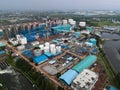 Aerial view of Oil and gas industry - refinery after rain - factory - petrochemical plant, Shot from drone of Oil refinery and Royalty Free Stock Photo