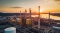 Aerial view of Oil and gas industry - refinery, Shot from drone of Oil refinery and Petrochemical plant at twilight Royalty Free Stock Photo