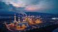 Aerial view of Oil and gas industry - refinery, Shot from drone of Oil refinery and Petrochemical plant at twilight Royalty Free Stock Photo