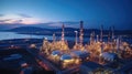 Aerial view of Oil and gas industry - refinery, Shot from drone of Oil refinery and Petrochemical plant at twilight Royalty Free Stock Photo