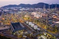 Aerial view of Oil and gas industry - refinery, Shot from drone of Oil refinery and Petrochemical plant at twilight, Bangkok, Royalty Free Stock Photo