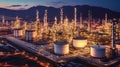 Aerial view oil and gas petrochemical industrial, Oil refinery plant from industry zone. Refinery factory oil storage tank and
