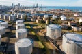 Aerial view of oil and gas terminal with steel storage tanks of oil and LPG petrochemical. Oil tank farm for gas, diesel Royalty Free Stock Photo